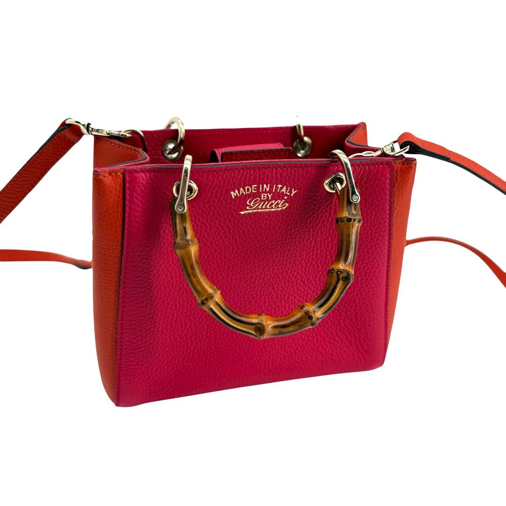 Gucci Bamboo Shopper Mini Tote Pink Orange Pebbled Leather Crossbody
